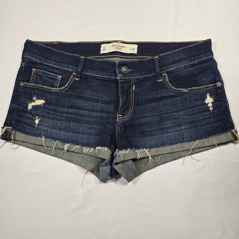 Abercrombie & Fitch Womens Distressed Denim Shorts Dark Wash Cuffed Size 6 W28